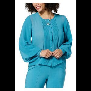 WynneCollection Women's Chiffon Tuxedo Shirt Deep Sea - Regular